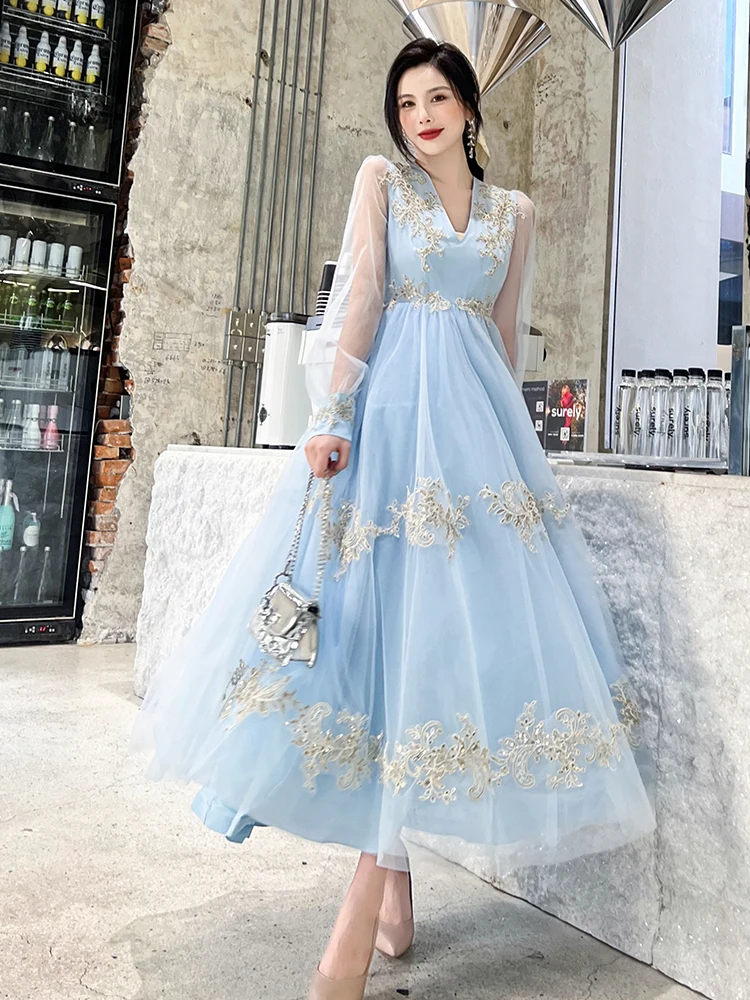 Delocah High Quality Spring Women Fashion Designer Beach Holiday Long Dress Sexy V-Neck High Waist Embroidery Party Mesh Dresses