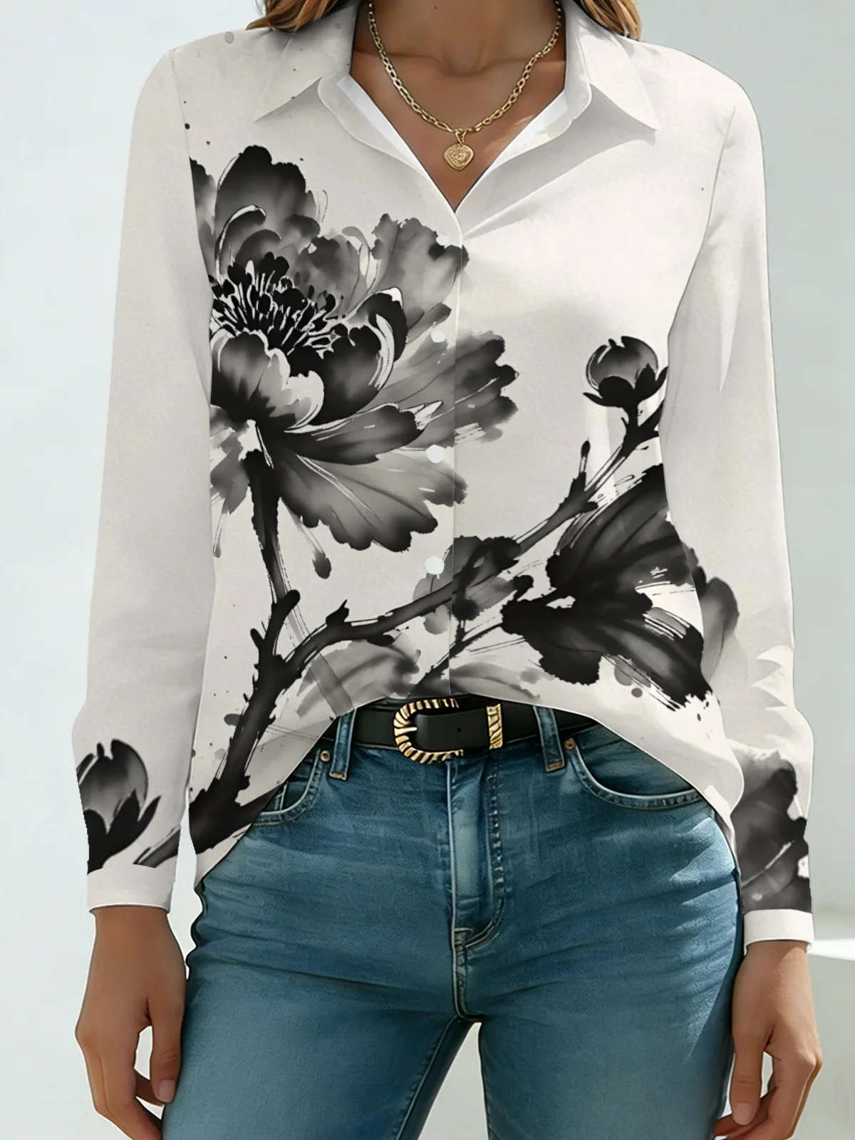 Oriental Art Ink Peony Women Long Sleeve Shirt Off-white Base Traditional Chinese Ink Wash Black Grey Peony Branch Lapel Button
