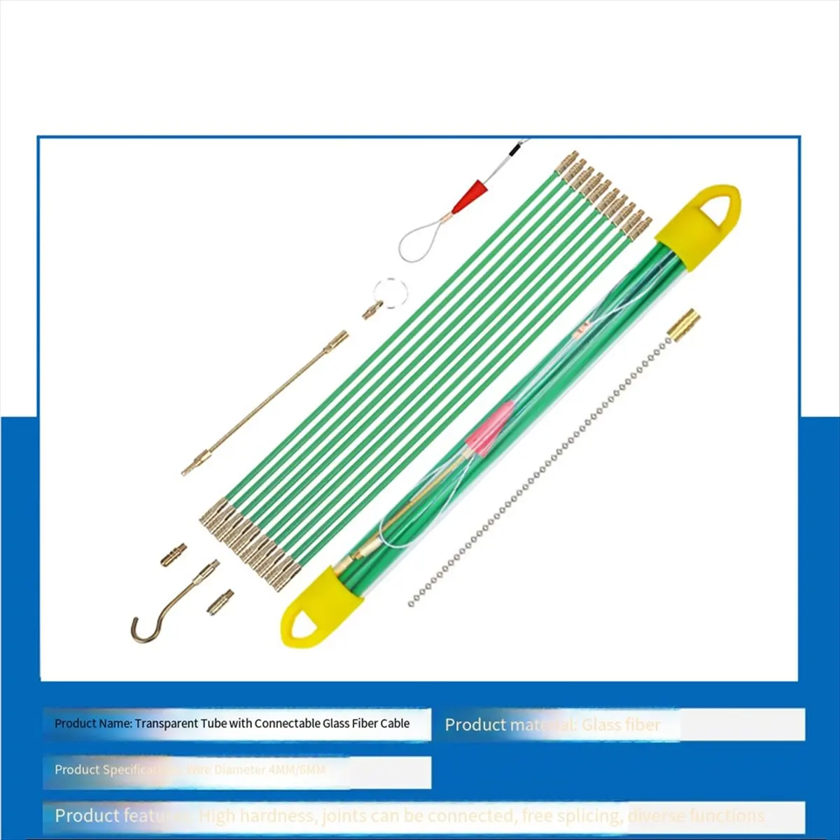 NEW Fiberglass Fish Tape Cable Rods, Electrical Wire Running Pull/Push Kit with Hook and Hole Kit Glow Rod, Hook Hole