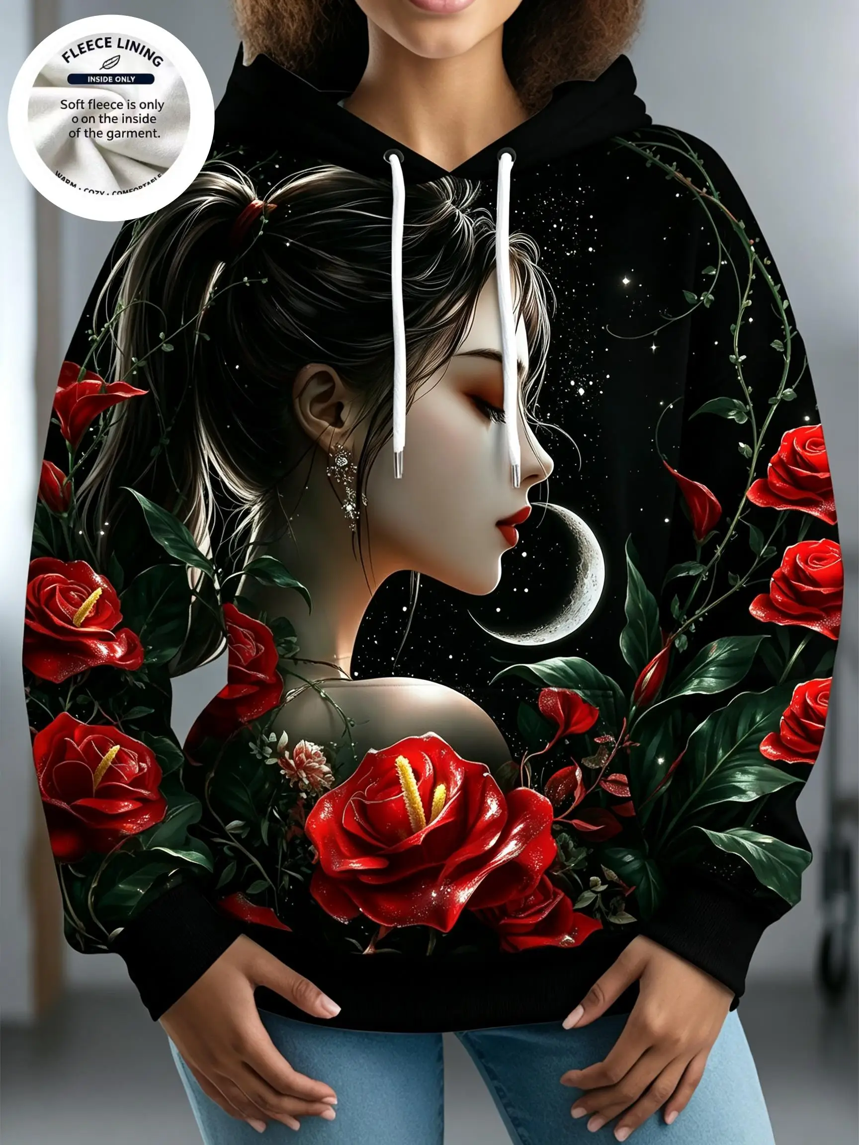 Women Fleece Hoodie Gothic Lady Portrait Red Rose Moon Star Print Art Graphic Hooded Sweatshirt Pullover