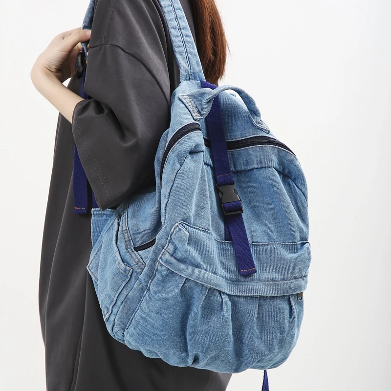 

New Casual Denim Blue Women Backpack Vintage Large Capacity Student Backpack Female College School Bags Boy Girl Travel Book Bag