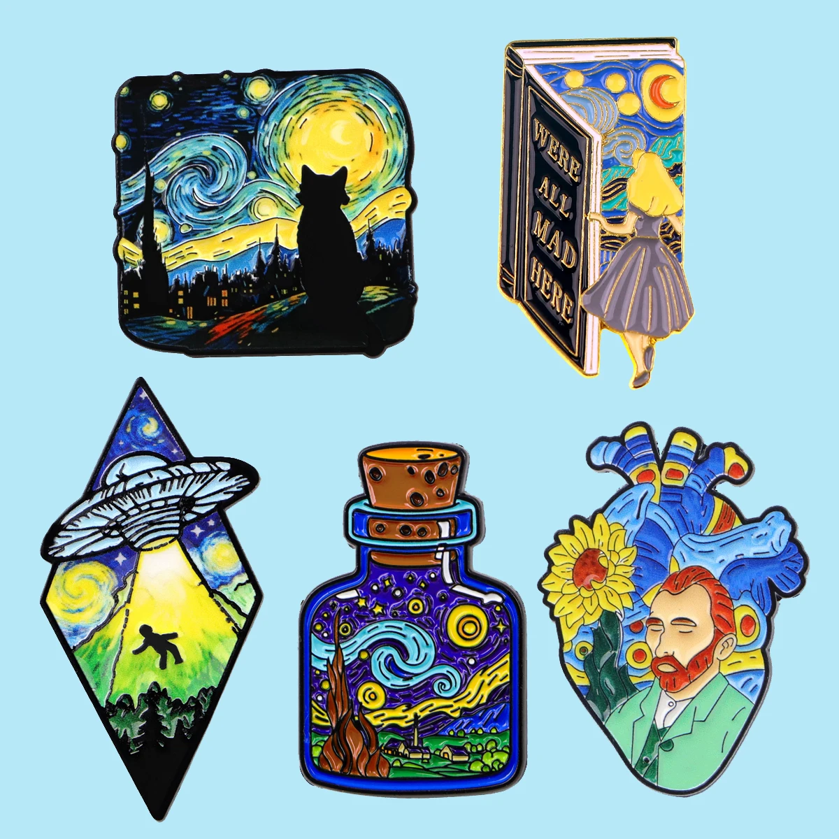 

5pcs/set Van Gogh's Starry Night Enamel Pins Metal Brooch Backpack Hat Bag Collar Lapel Badges Fashion Jewelry Collection Gift