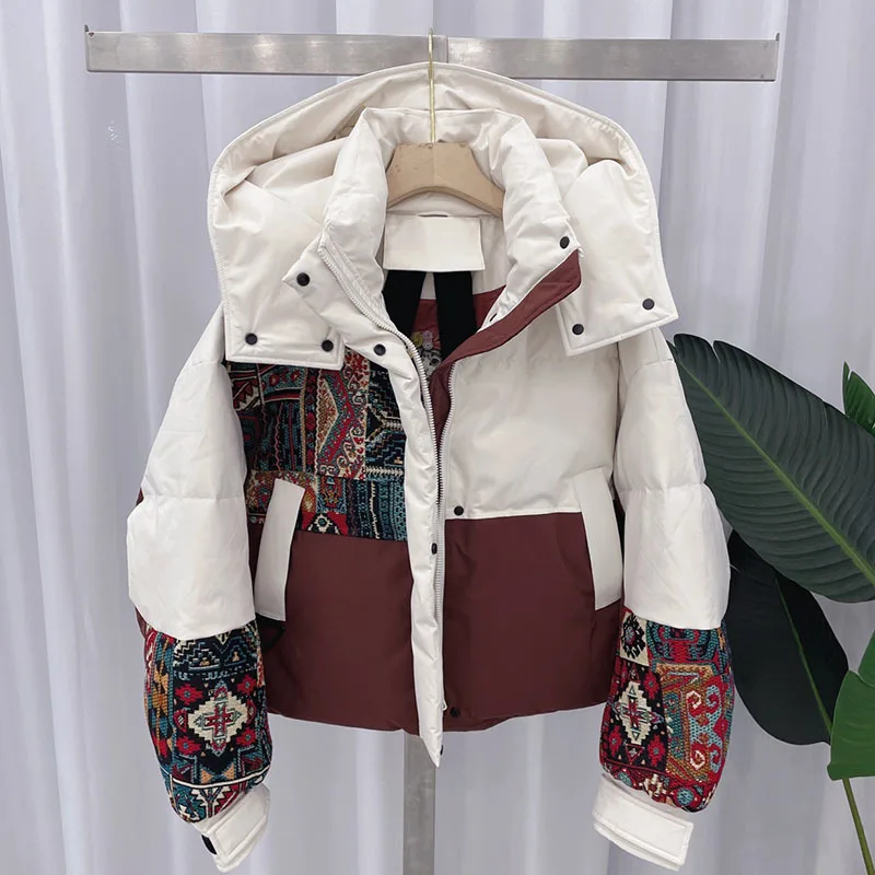 Short Down Jacket for Women Hooded Coats Windproof Warm, Loose Patchwork Korean Popular Clothes Fashion