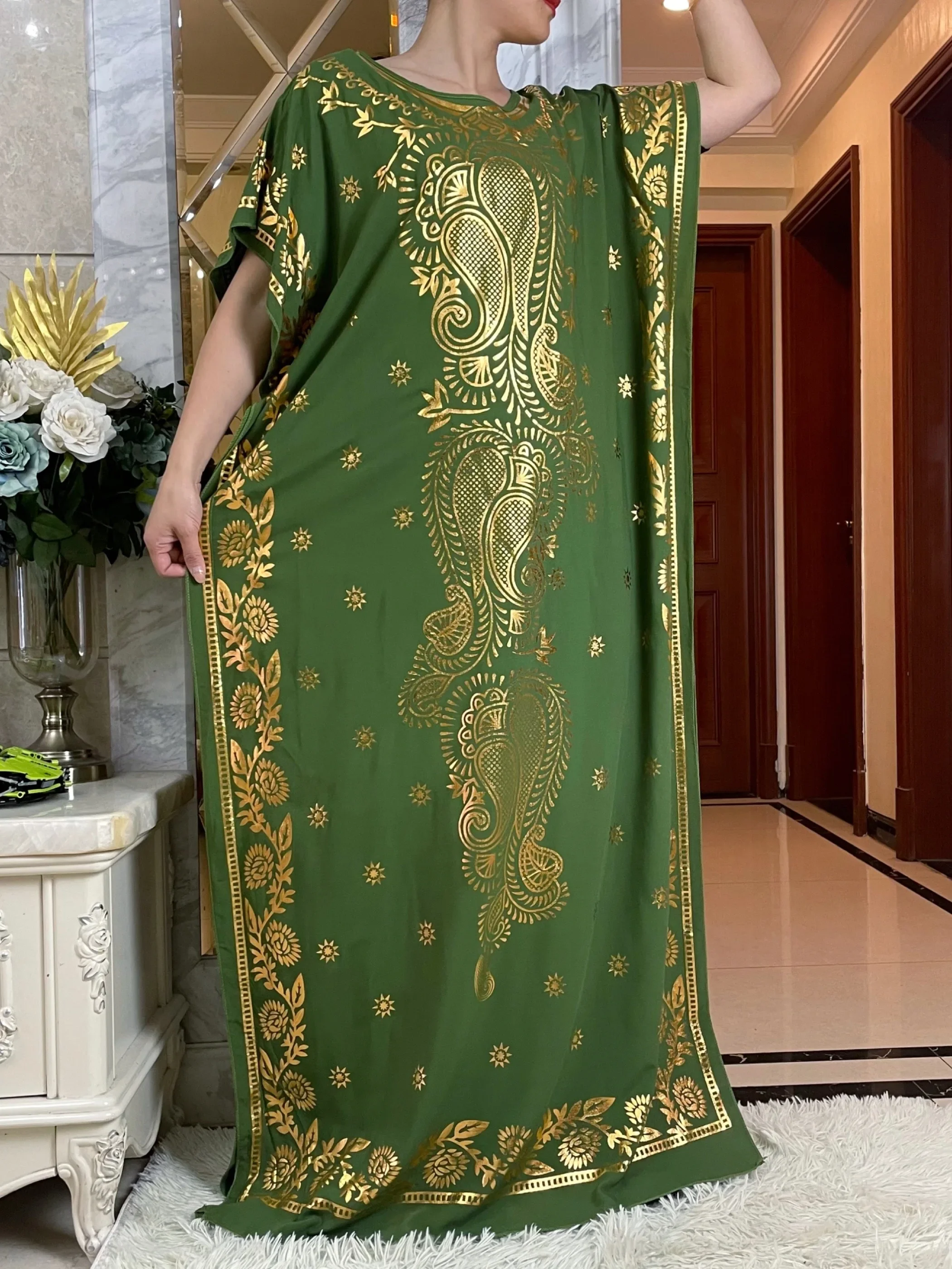 2024 Fashion Summer Dress With Big Scarf Dubai Turkey Kaftan Muslim Loose  Abaya Women African Casual Maxi  Gold Stamping  Robe