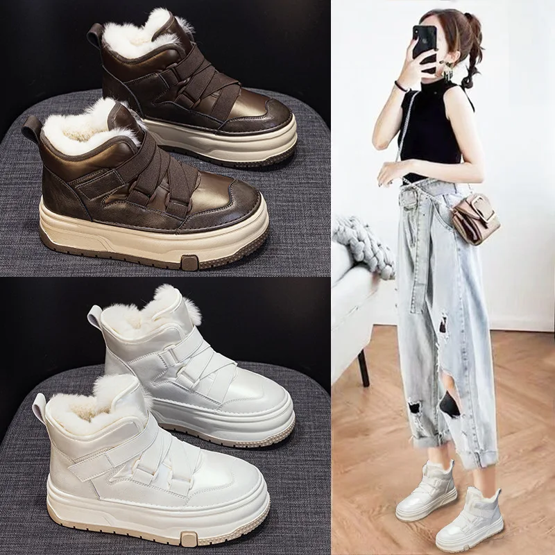 

Модные утепленные зимние ботинки на флисовой подкладке для женщин, теплые, на толстой подошве, нескользящие, из хлопка, повседневные, короткие, кожаные