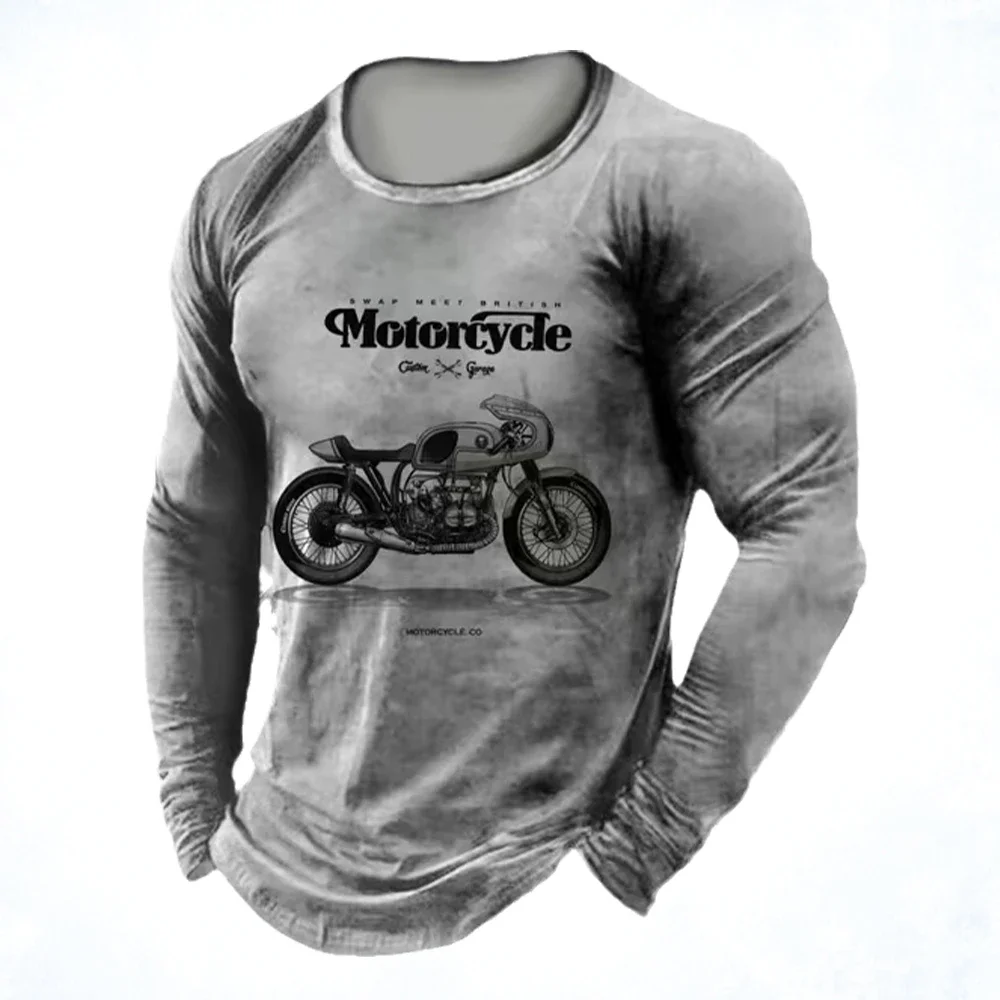 

Men's Vintage Clothing Long Sleeve Top 3d Printed Motorcycle Pattern Black T-Shirt Simple Casual Round Neck Oversized Top