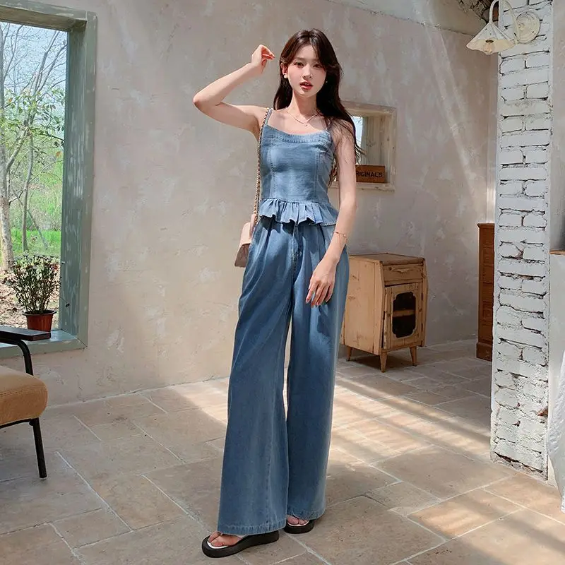 

Summer Denim Suit Women Clothing Spicy Girl Short Camisole Top High Waist Wide Leg Pants Set Fashion Two Piece Set Women Outfits