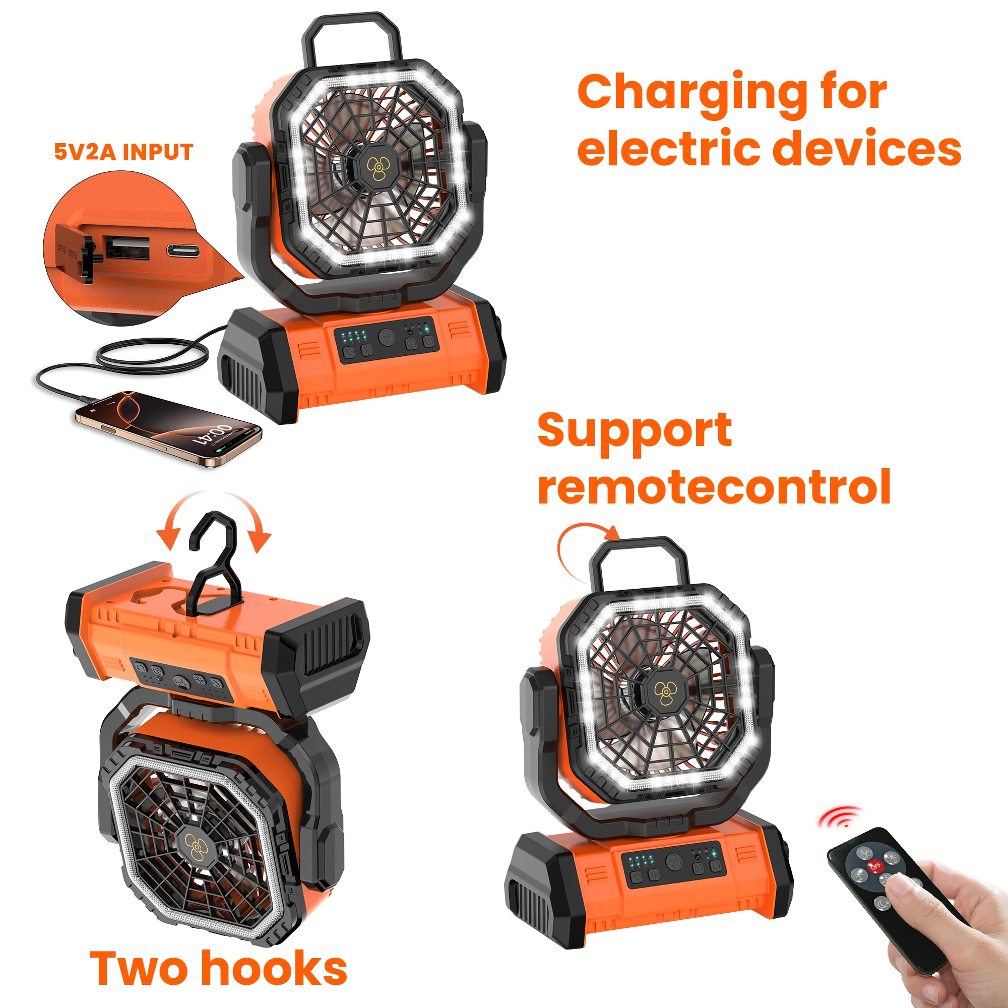 20000Mah Camping Fan with Led Light, Timer, Remote Control, Long-Lasting Battery Life, Maximum Wind Power for 12 Hours, Hookable and Oscillating Model