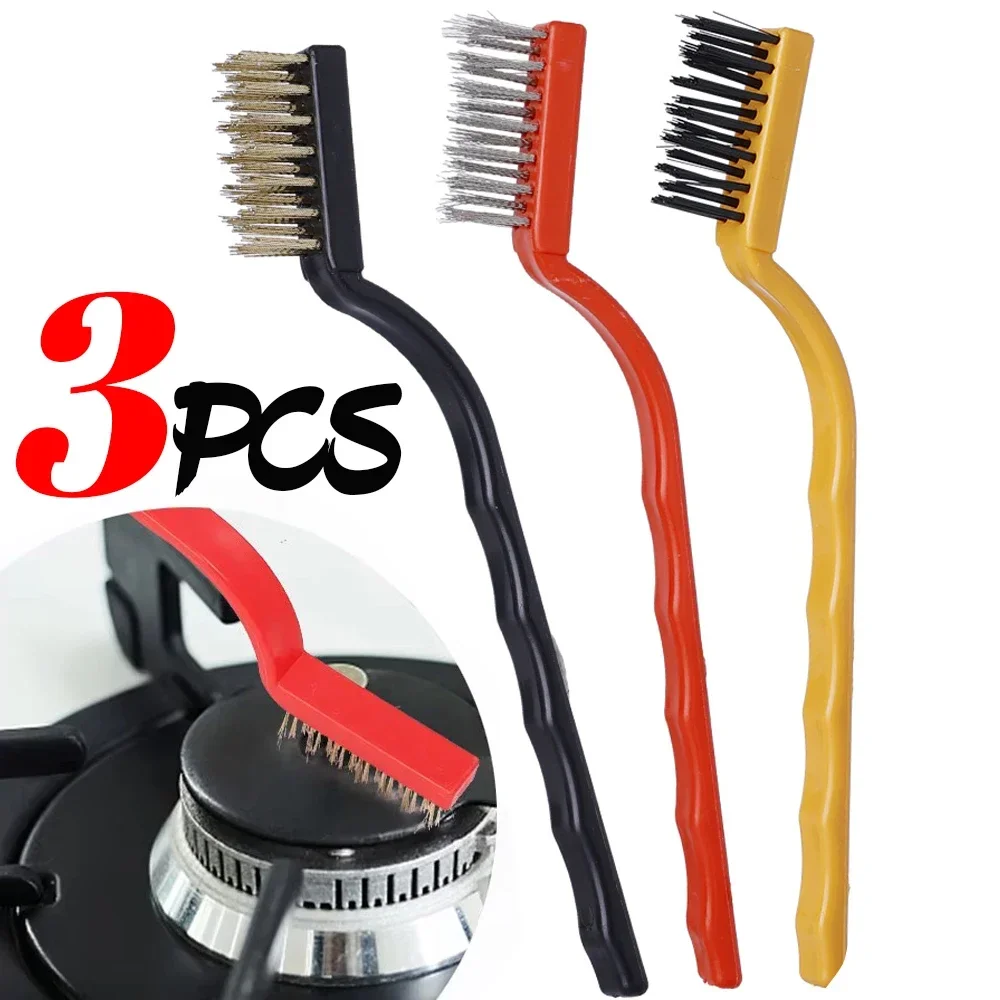 3pcs/set Gas Stove Cleaning Brush 3style Brush Head Nylon Iron Wire Copper Wire Powerful Decontamination Brush Kitchen Tools