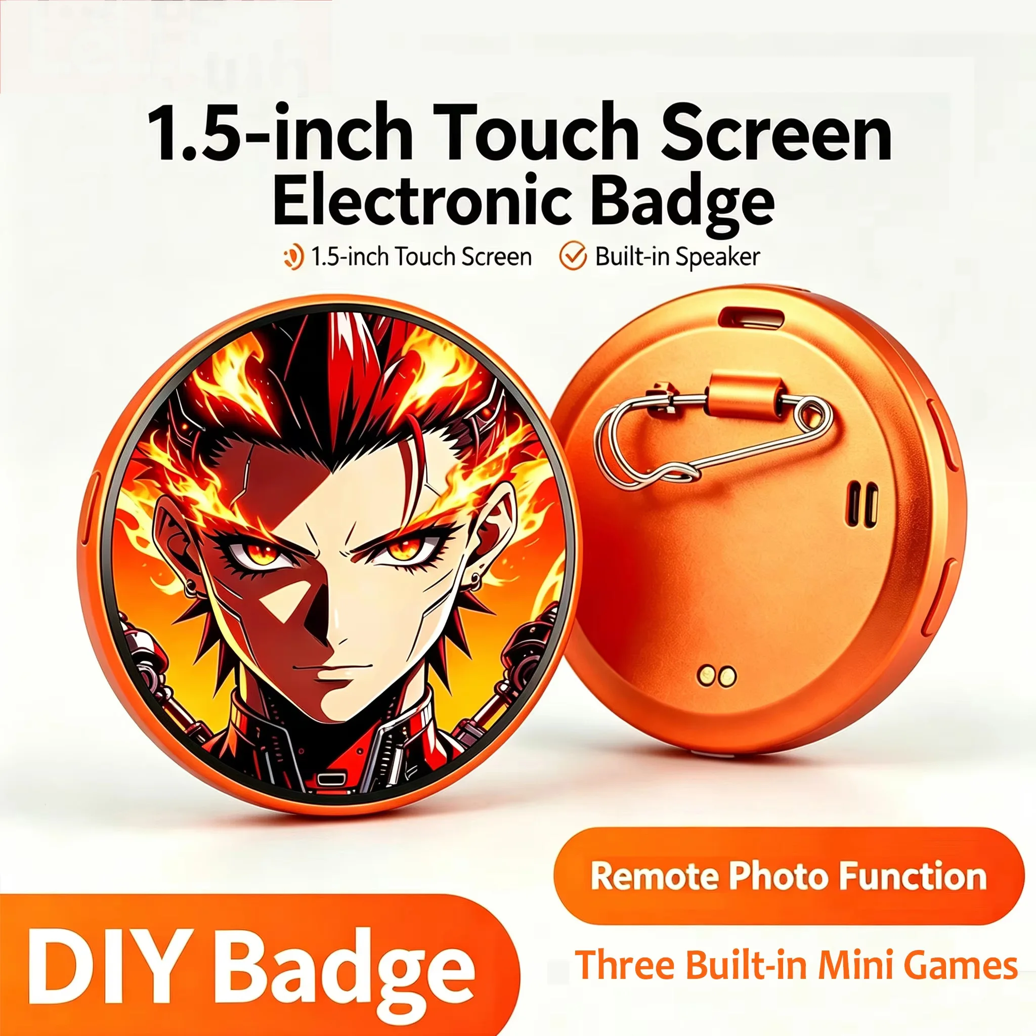 Smart Dynamic E-badge 1.5-inch Touchscreen Animated Brooch Transfer Photos GIFs Animations Videos for Otaku Fans Gift