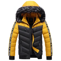 Jaqueta acolchoada quente com capuz masculino, parkas de algodão grosso, corta-vento térmico, gola de pele, roupas fashion, inverno