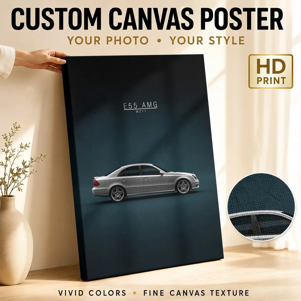 German W211 E55 Silver Sports Sedan Canvas Posters Luxury Style Wall Art With Customized Photo For Games Room Ideal Driver Gift