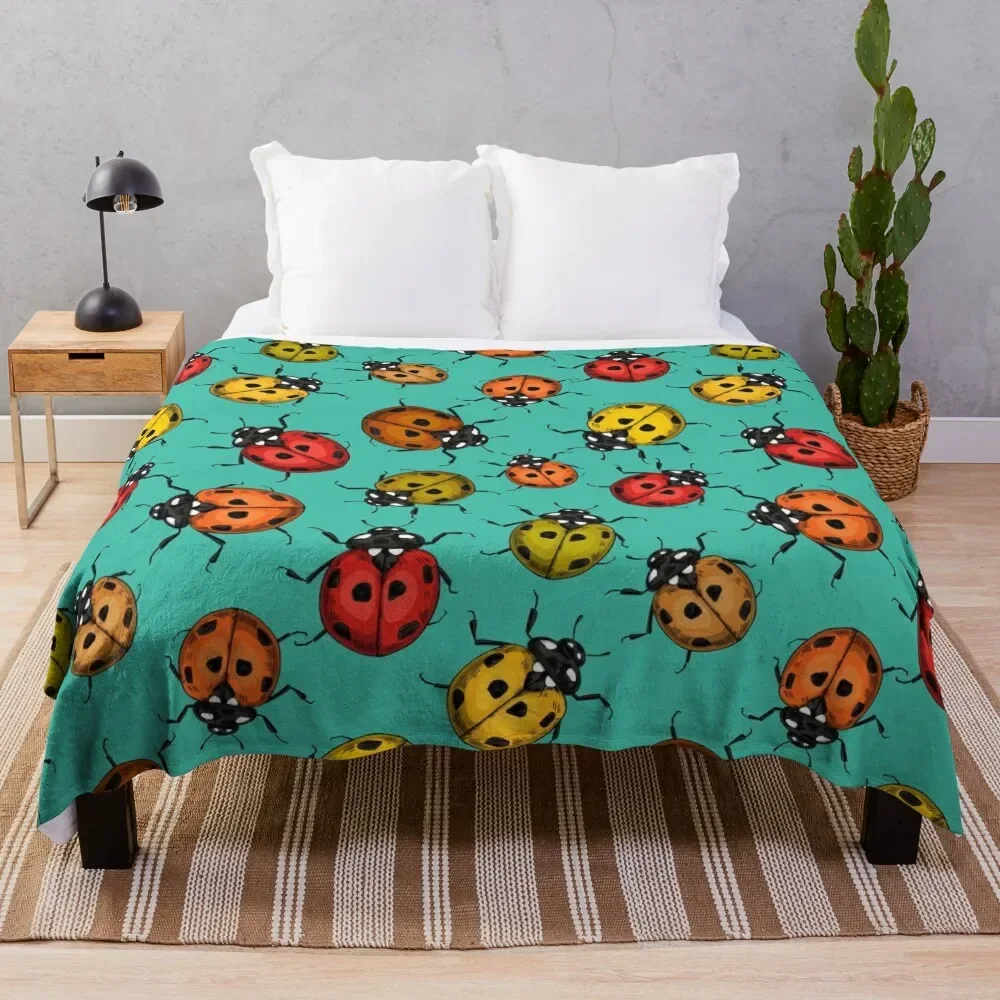 Colorful ladybugs on turquoise Throw Blanket Decorative Sofas halloween Cute Blankets