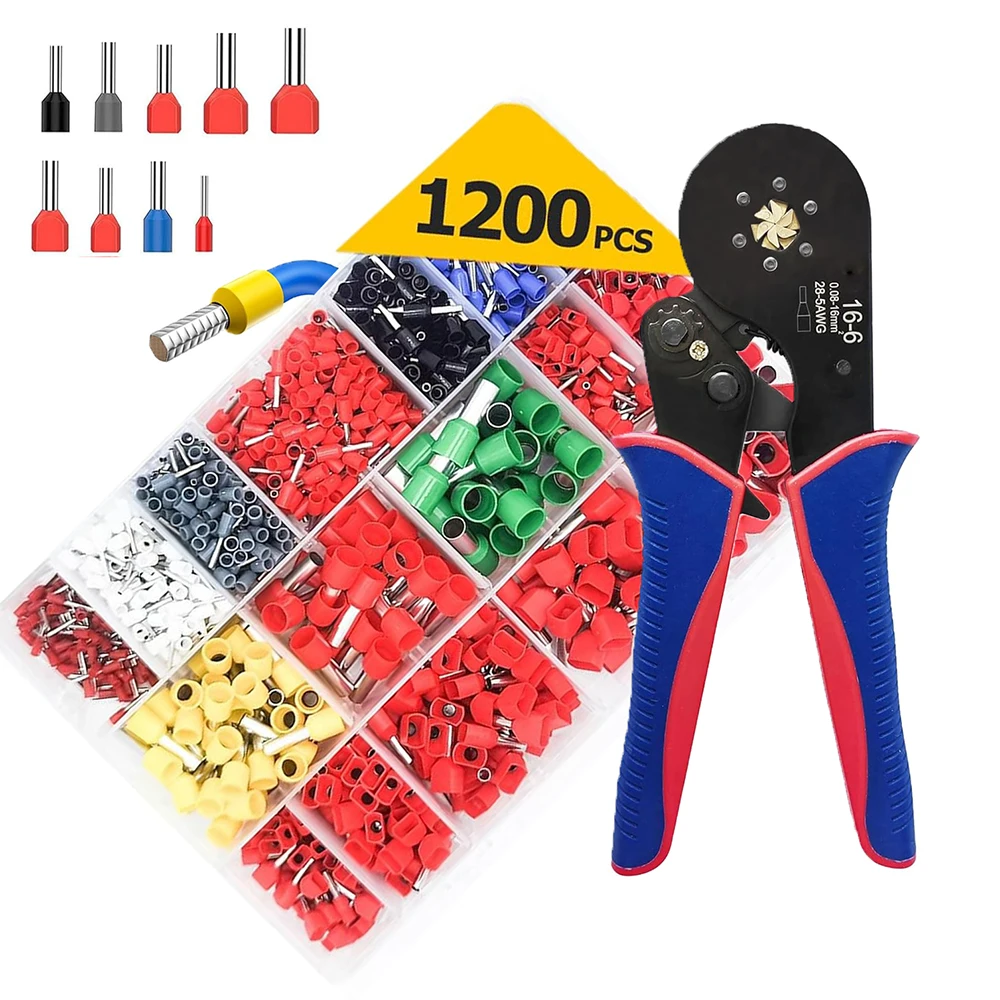 Ferrule Crimping Tool Kit AWG 28-5 with 1200 PCS Bootlace Ferrule Connector, Hexagonal Crimper for End-Sleeves (0.08-16mm²) 16-6