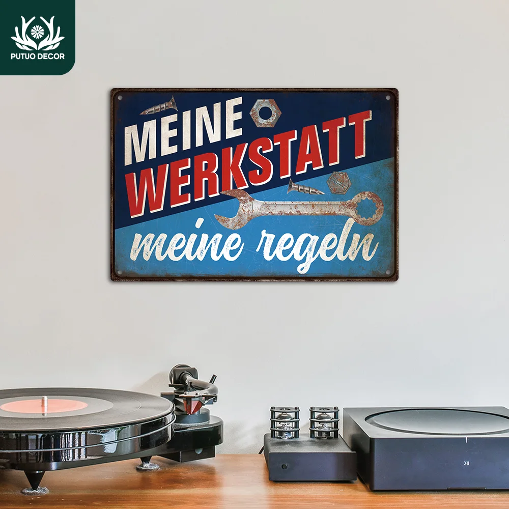 Putuo Decor 1 Stück Deutsches Vintage Metallschild, MEINE WERKSTATT MEINE REGELN, Wandkunst Deko Heimdekoration Raumdekoration, Geschenk