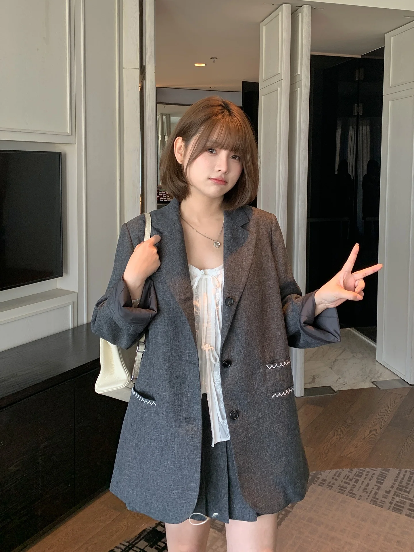 

Mashixi plus Size Women's Grey Embroidered Suit Set Shoulder Length Loose Top Short Skirt Two Piece Set Spring Fashion