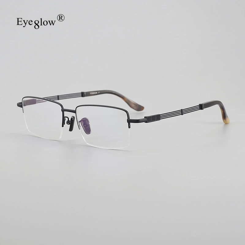 Japanese Pure Titanium Semi-Rimless Men's Eyeglass Retro Square Horn Glasses Frame 2024 Trend Presbyopia Optical Reading Eyewear