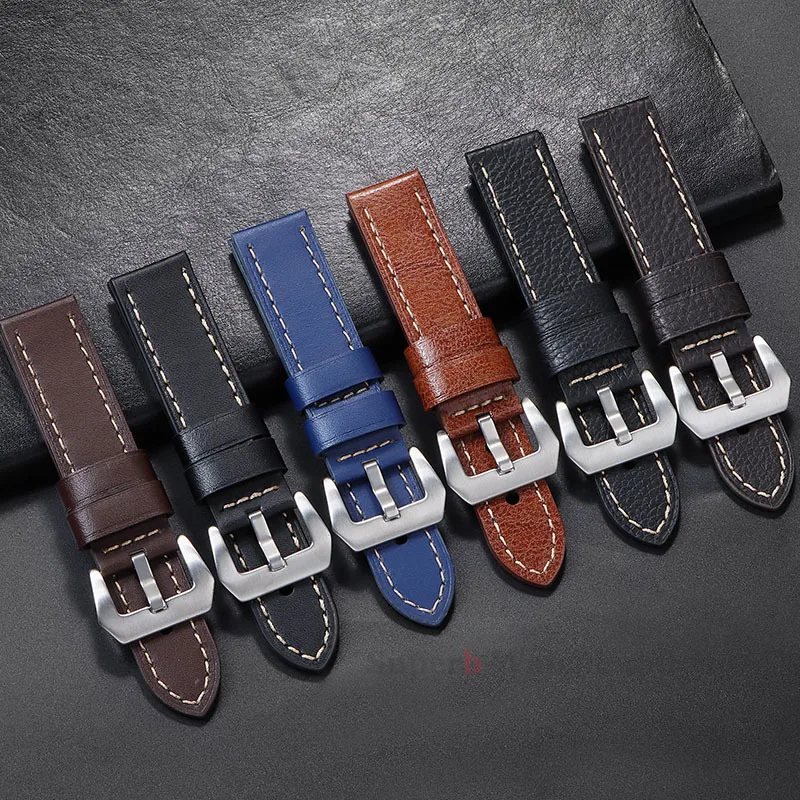 Correa de reloj de cuero de primera calidad, 20mm, 22mm, 24mm, patrón de lichi Panerai PAM, accesorios de correa de reloj de piel de vaca de repuesto