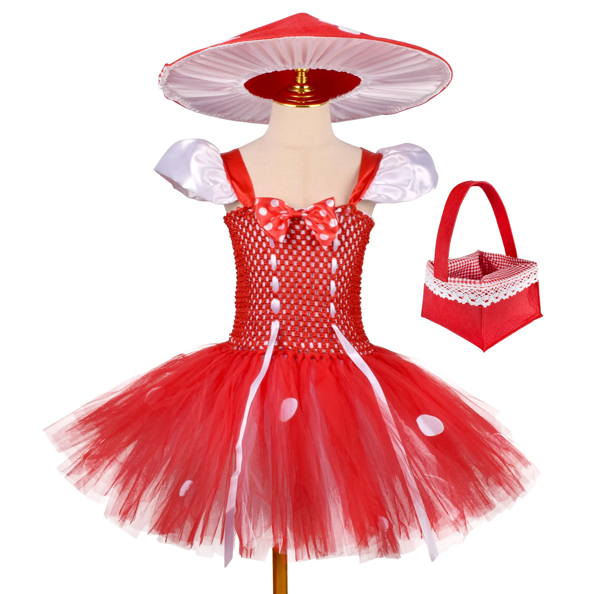 

Mushroom Elf Tutu Dress Kids Cosplay Outfits Halloween Costume Birthday Party Dress Hat and handbag set