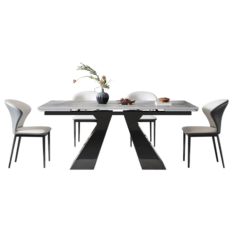 

Italian light luxury retractable rock slab dining table foldable rectangular dining table