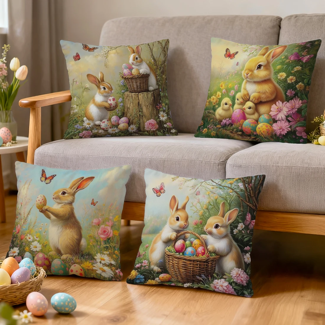 Watercolor Rabbit Flower Pillowcase Printed Polyester 40/45/50cm Throw Pillowcover Decorative Sofa Cushion Pillowslip Home Decor