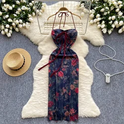 Elegant halter lace-up print sweet sleeveless Dress Vintage Slim summer sweet backless bohemian puff dresses