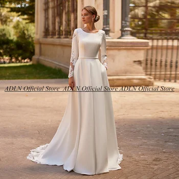 Nieuwe Trouwjurk Aangepaste Lange Mouwen Ronde Hals Applique Sweep Trein Vestidos De Novia Een Lijn Bruidsjurk voor Bruid 2024