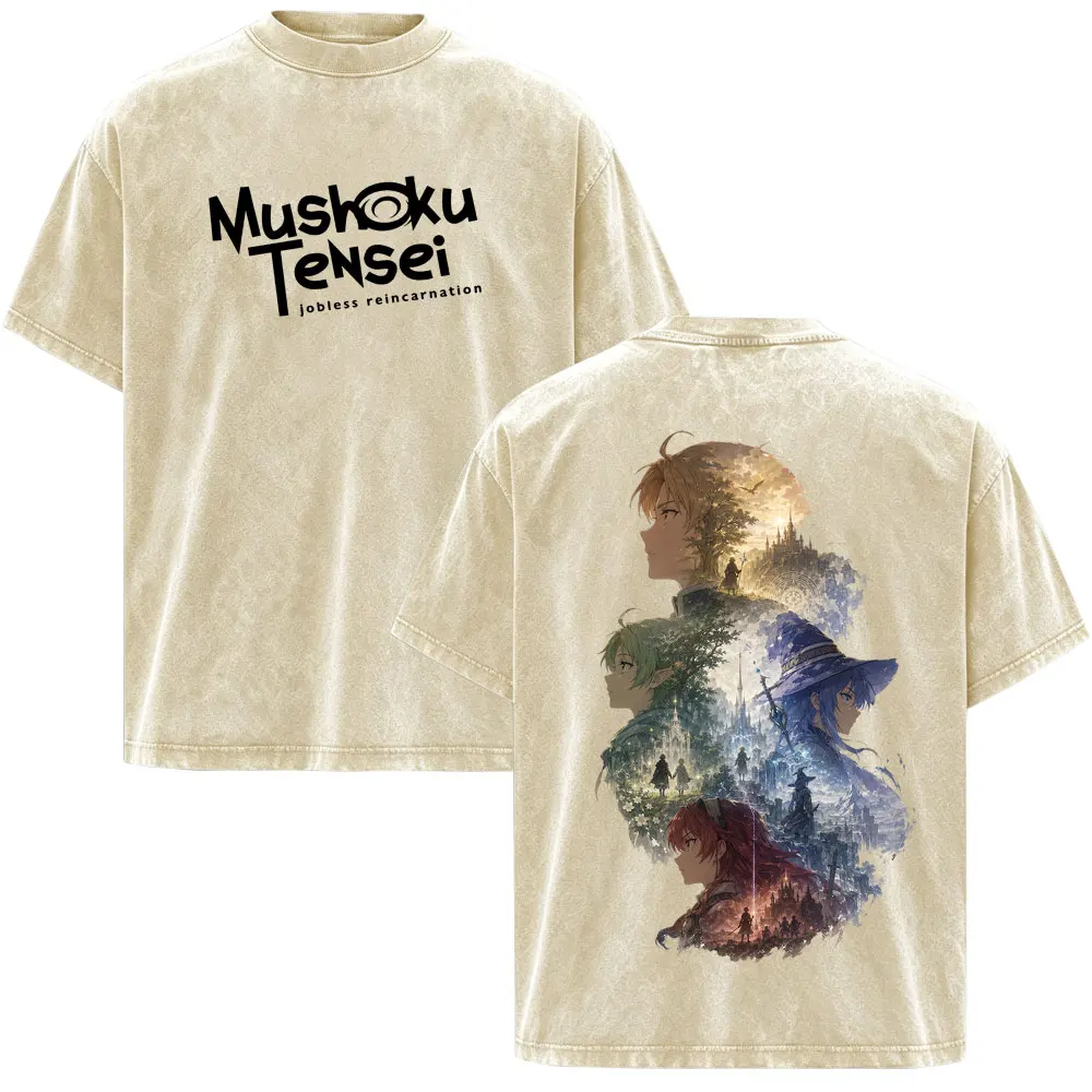 Anime Mushoku Tensei Jobless Reincarnation Vintage Washed T Shirt Roxy Eris Rudeus Manga Oversized Fashion Short Sleeve T-shirt