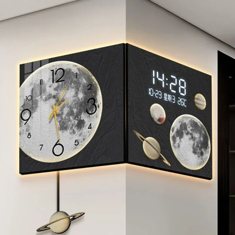 Moon Wall Clocks Double-sided Corner Clock Multi-function Watches Interior Room Dacoration Items with Translation Pendulum