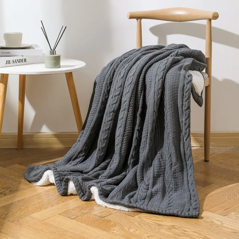 Knitted Acrylic Fishbone Dark Gray Blanket Double Layer Warm Sofa Cover for Autumn and Winter Nordic Solid Color Versatile Shawl