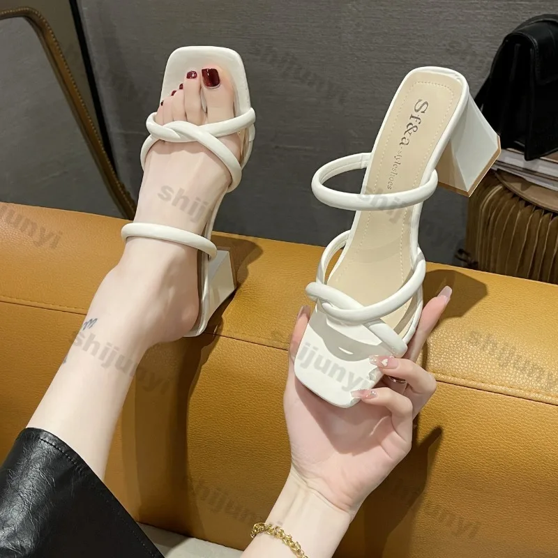 Women Square Sandals 2026 Fashion Slip on Outdoor Closed Toe Slippers Non Slip Lightweight Concise Medium Hee Chunky Heels