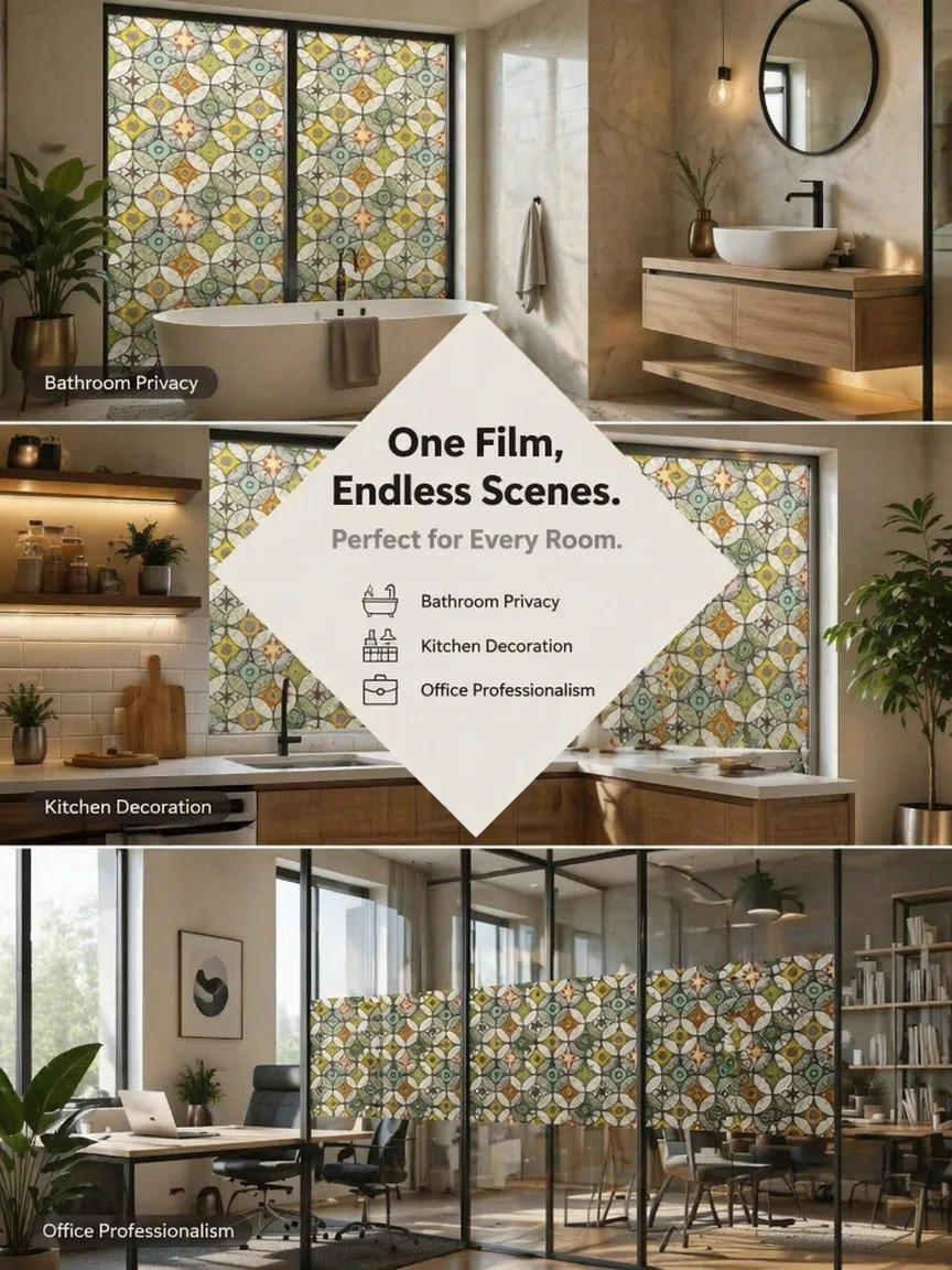 Colorful Circle Pattern Frosted Privacy Window Film Static Cling No Glue Translucent Removable for Home Office Bathroom Glass