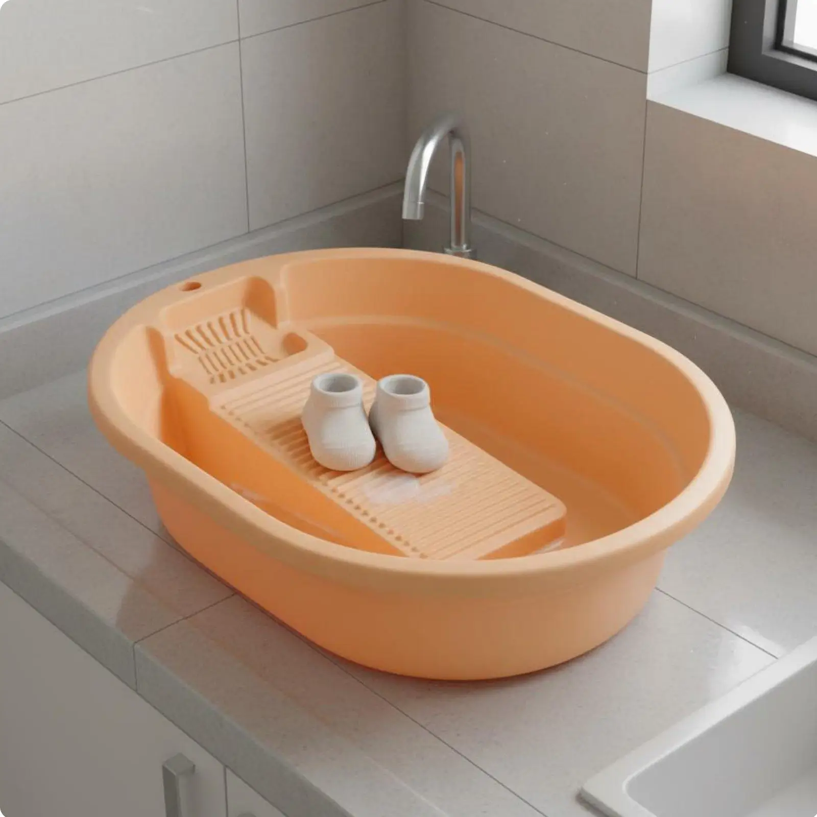 Durable Stackable Wash Tub with Scrub Board and Deep Sink Design for Compact Living Areas and Dorms