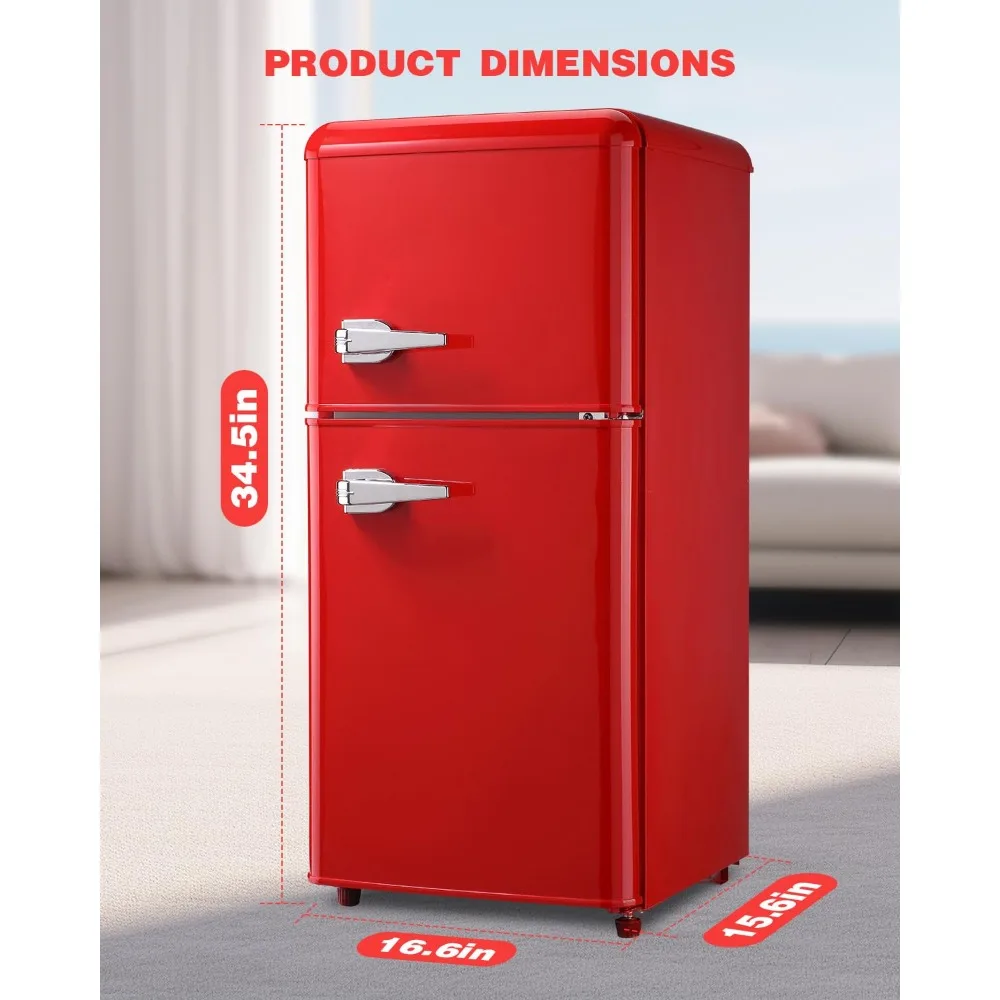 3.5 Cu.Ft Compact Refrigerator, Retro Fridge with Dual Door, Small Refrigerator with freezer,7 Level Adjustable Thermostat, Red