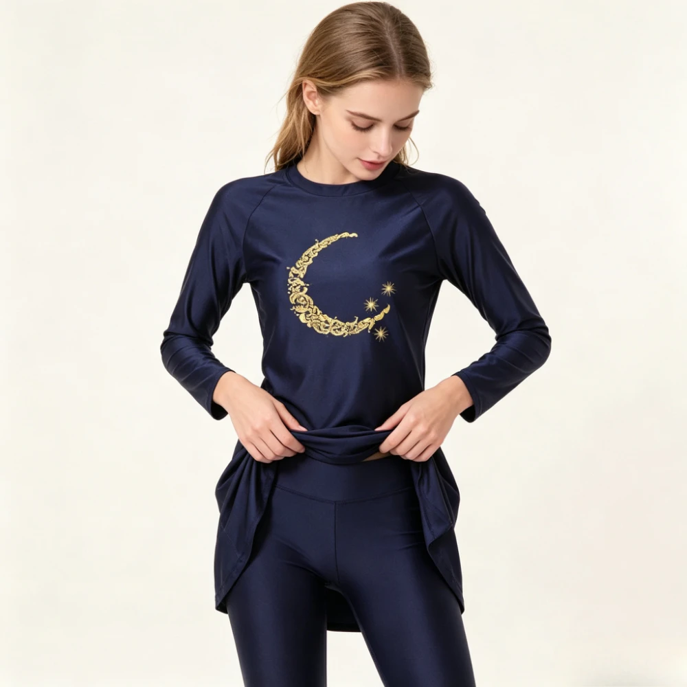 New Modest Burkini Swimwear Golden Crescent Moon Star Print Long Sleeve Full Coverage Quick Dry Muslim Conservative Bathing Suit