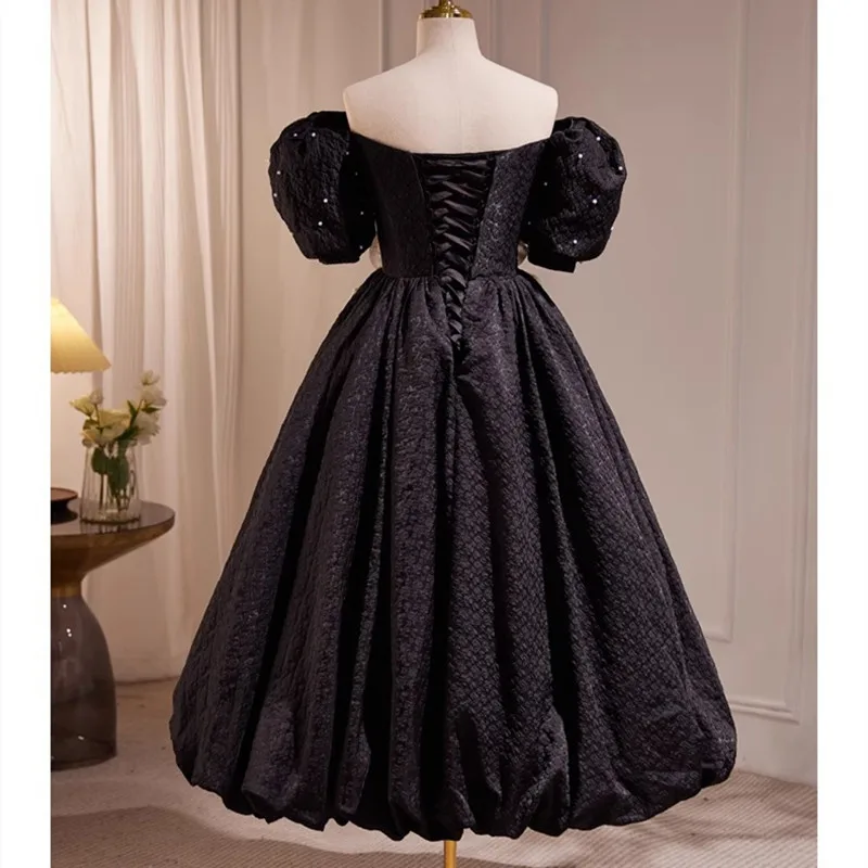 2024 Child Vintage Black Girl Princess Long Dress Luxury Kid Evening Dresses Elegant Off Shoulder Youth Girls High-End Ball Gown