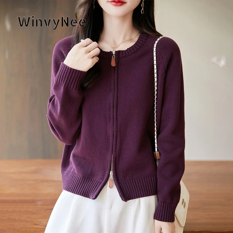 WinvyNee Women Zipper Knitted Cardigan 100% Cotton Round Neck Long Sleeve Sweater Outerwear Autumn Winter Soft Classic ZB1892004