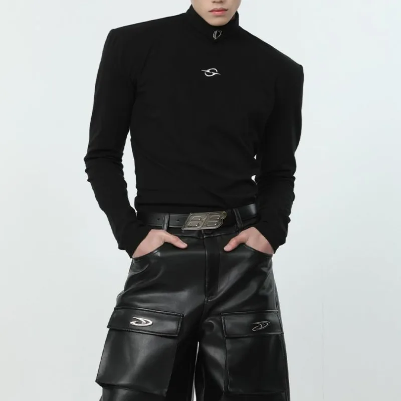 Spring Niche Metal Logo High Neck T-shirt Shoulder Pad Base Shirt Long Sleeved Simple Slim Body Shaping Punk Futuristic Pullover