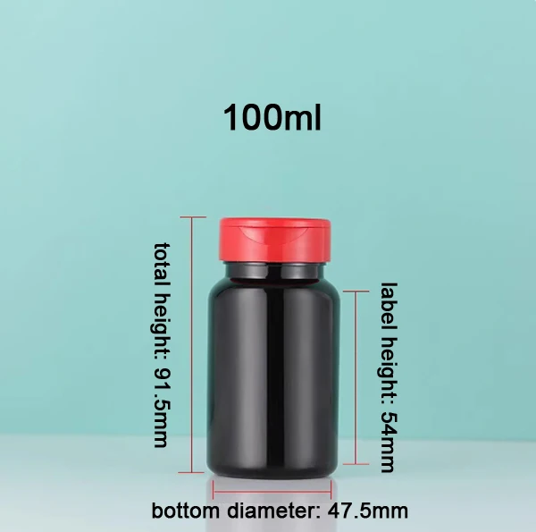 100pcs 100ml Black Color PET Medicine Bottles, Powder Capsules Pills Fish Oil Packing  Plastic Containers With Red Flip Lids