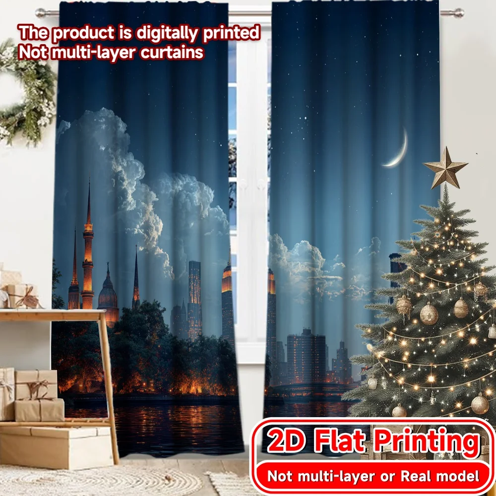 2D FLAT PRINTING 2pcs Curtains (Without Rod) Cityscape Night View Easter holiday curtains with digital printing Polyester Easy