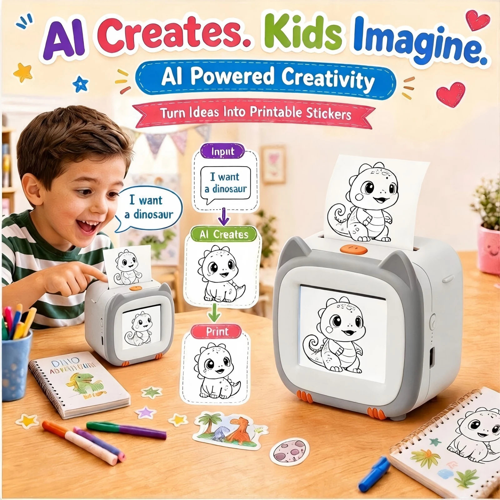 Kids Squishy toy, AI Voice Interactive Robot, Learning Toys, Sticker Printer
