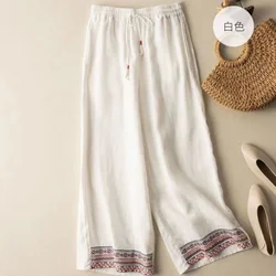 Women Spring Summer New High Waist Lace Up Wide Legged Pants Fashion Artistic Style Embroidered Pocket Splicing Versatile Pants