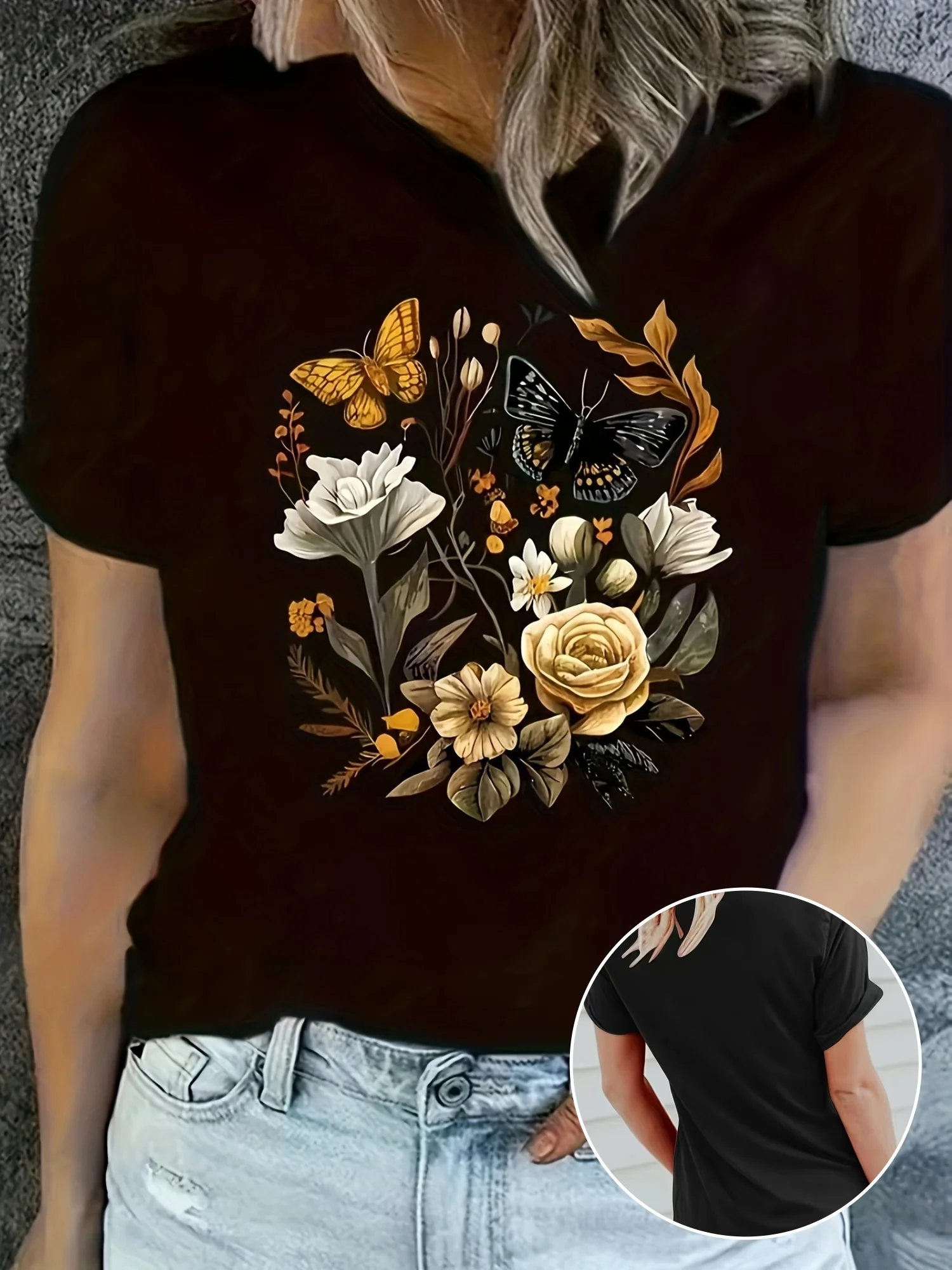 Women's Casual Round Neck Short Sleeve Oversized T-shirt with Butterfly Pattern, Black, Fashionable and Elegant