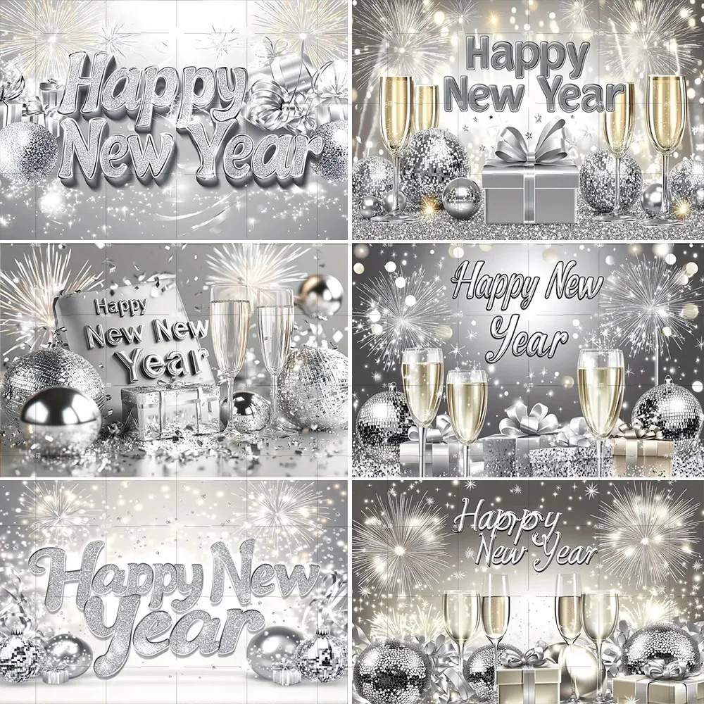 

2025 Happy New Year Golden Silvery Glitter New Year's Eve Party Carnival Backdrop Fireworks Clock Champagne Balloon Family Decor