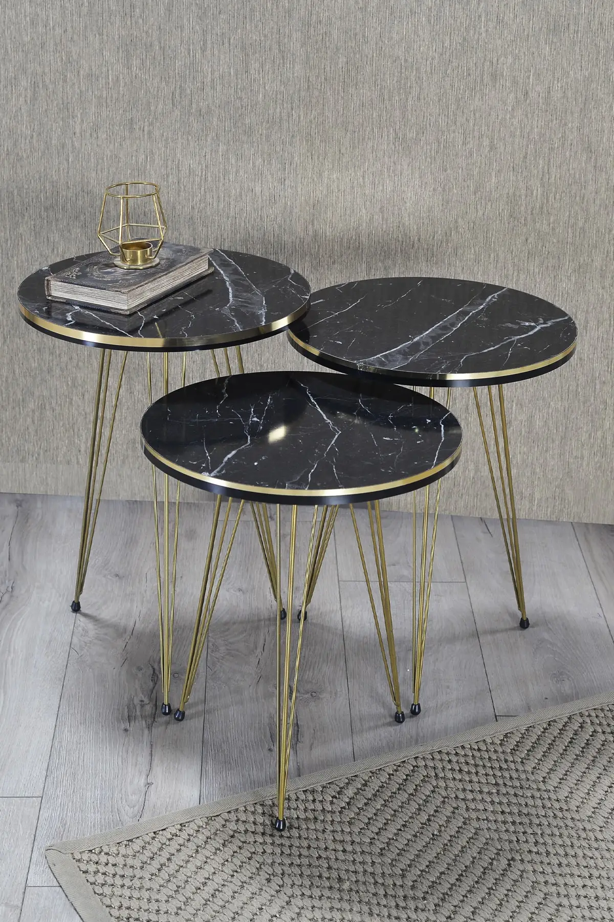 3'lü Zigon Coffee Table Double Color Gold Metal Toe Black Marble