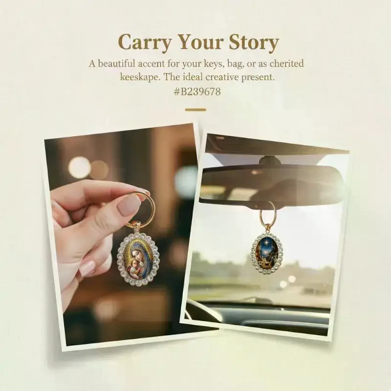 Gold Plated Stained Glass Style Keychain: Rhinestone Border Gifts Religious Souvenirs Daily Use