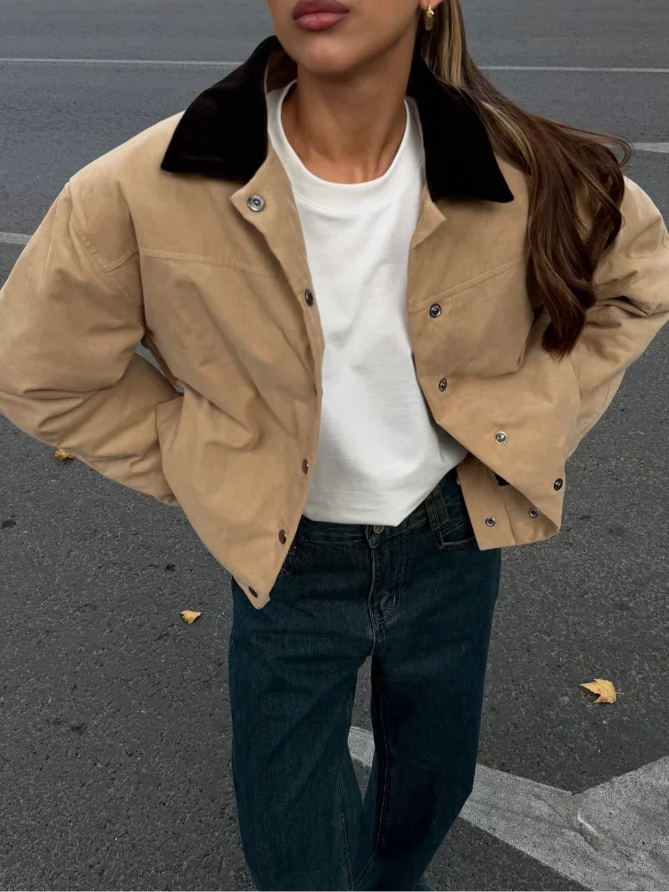 

Women's Casual Solid Bomber Jacket Contrasting Lapel Long Sleeve Single-breasted Loose Coat 2025 Autumn Lady Commuter Outwear