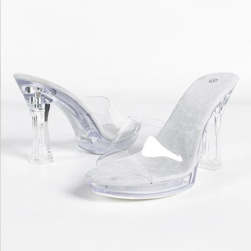 Fashion Transparent PVC Heeled Sandals for Women Sexy Round-toe Open Toe Slide Sandals Unique Ultra-high Heel Party Dress Shoes