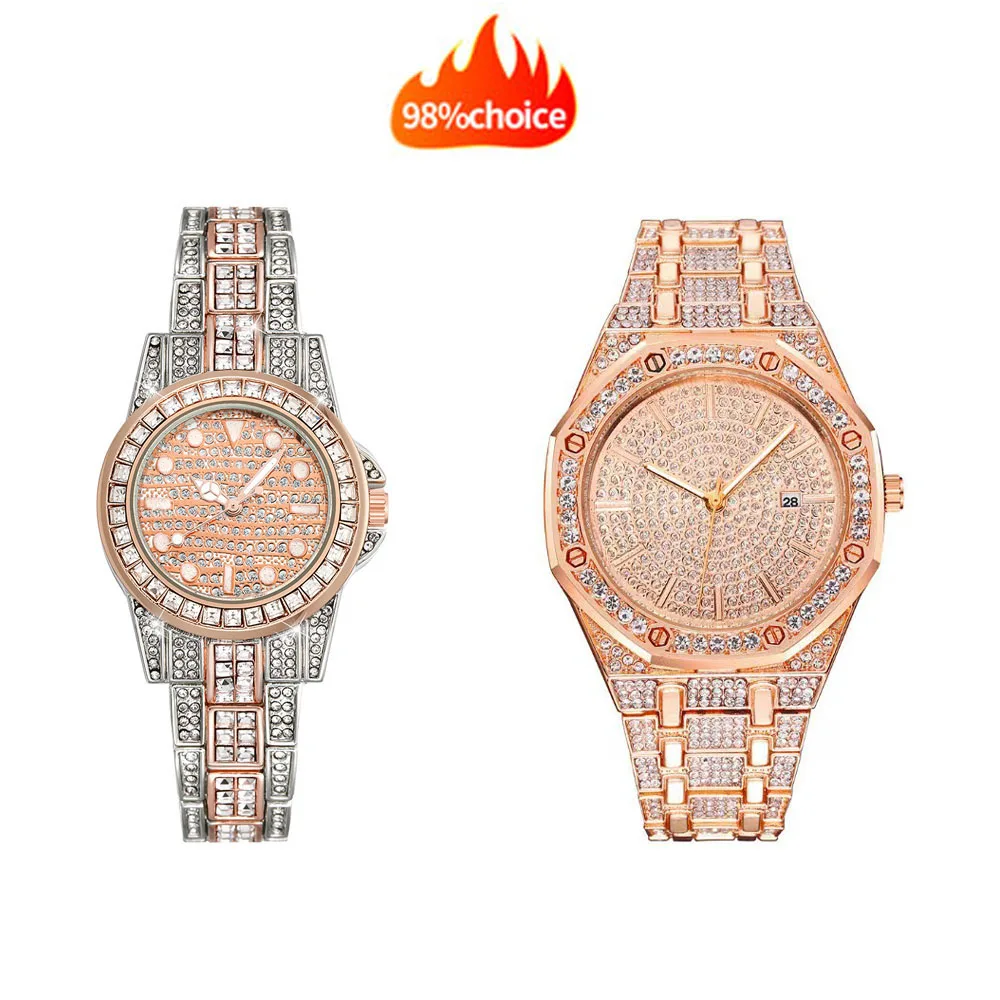 Ensemble de montres de couple en diamant de luxe pour hommes et femmes, montre-bracelet d'affaires, montre à quartz en acier inoxydable, montre-bracelet décontractée