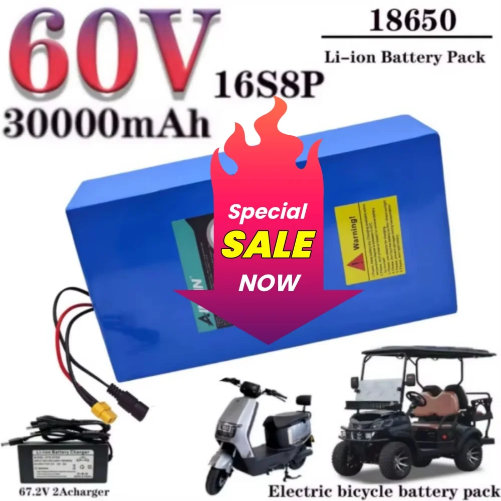 60V 30Ah High-Power Lithium Battery for Motorcycle Scooter 16S8P 3000W 67.2V with Built-in Battery Management System (BMS)